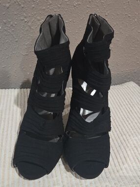BCBGeneration Black Strappy Open-Toe High Heel Sandals